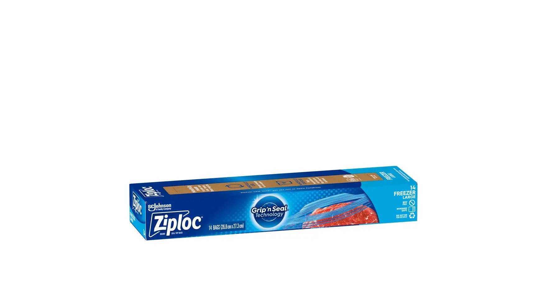 Angle of Ziploc large freezer bag box.