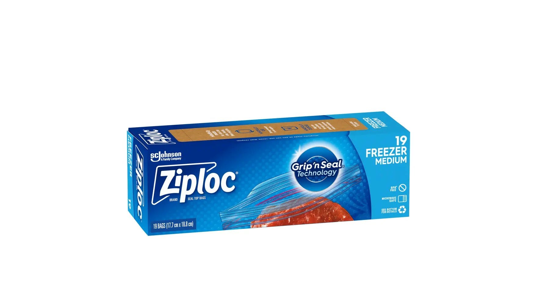 Angle of Ziploc medium freezer bag box.