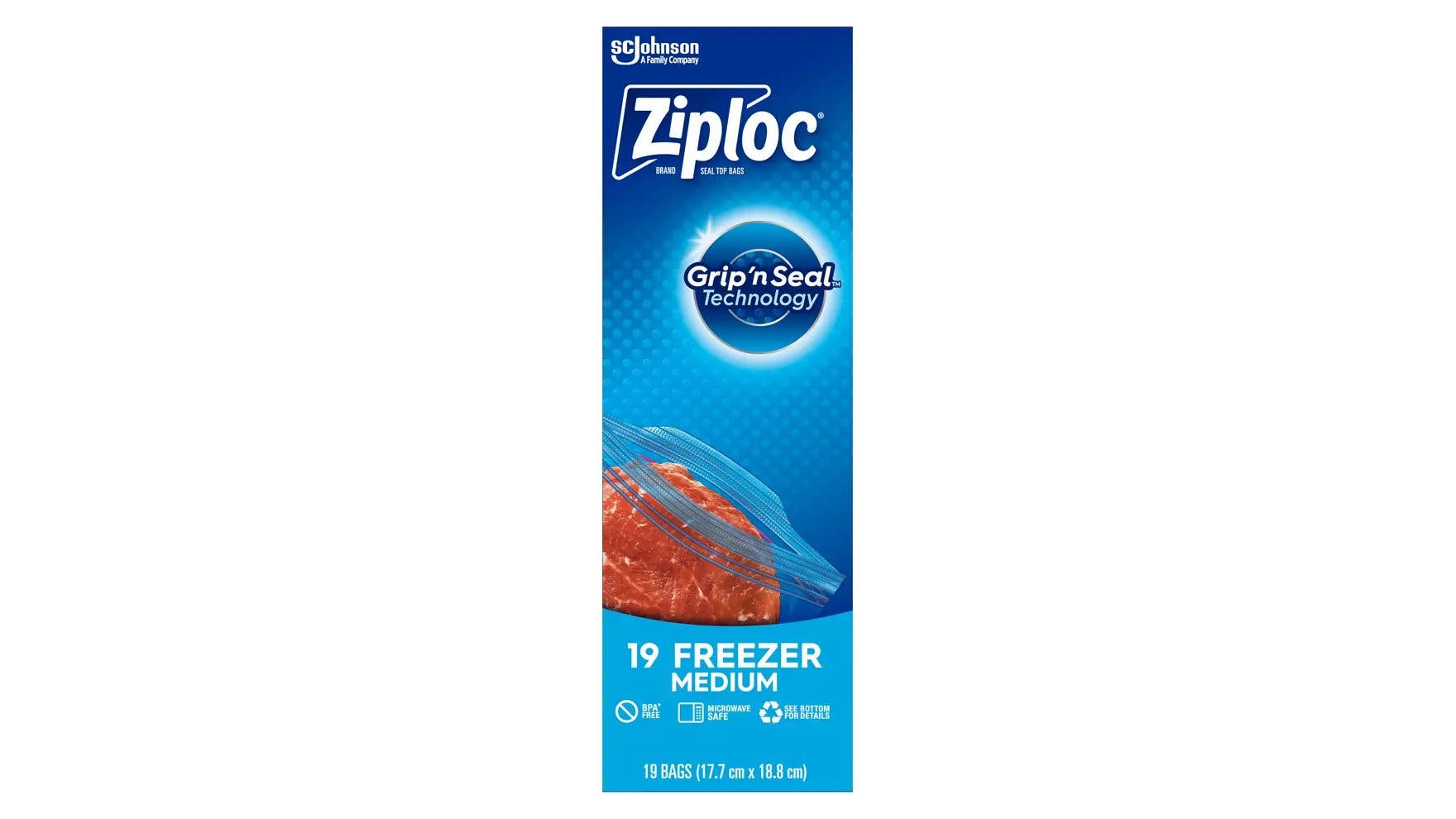 Top of Ziploc medium freezer bag box.