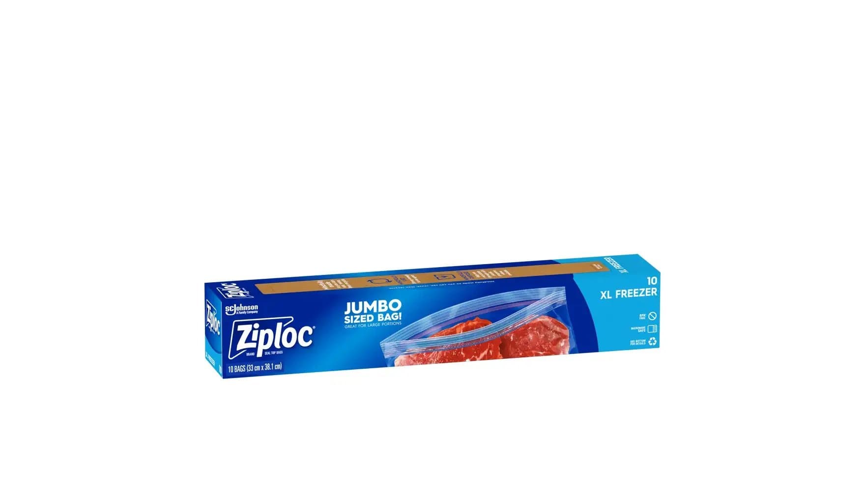 Angle of Ziploc extra large freezer bag box.