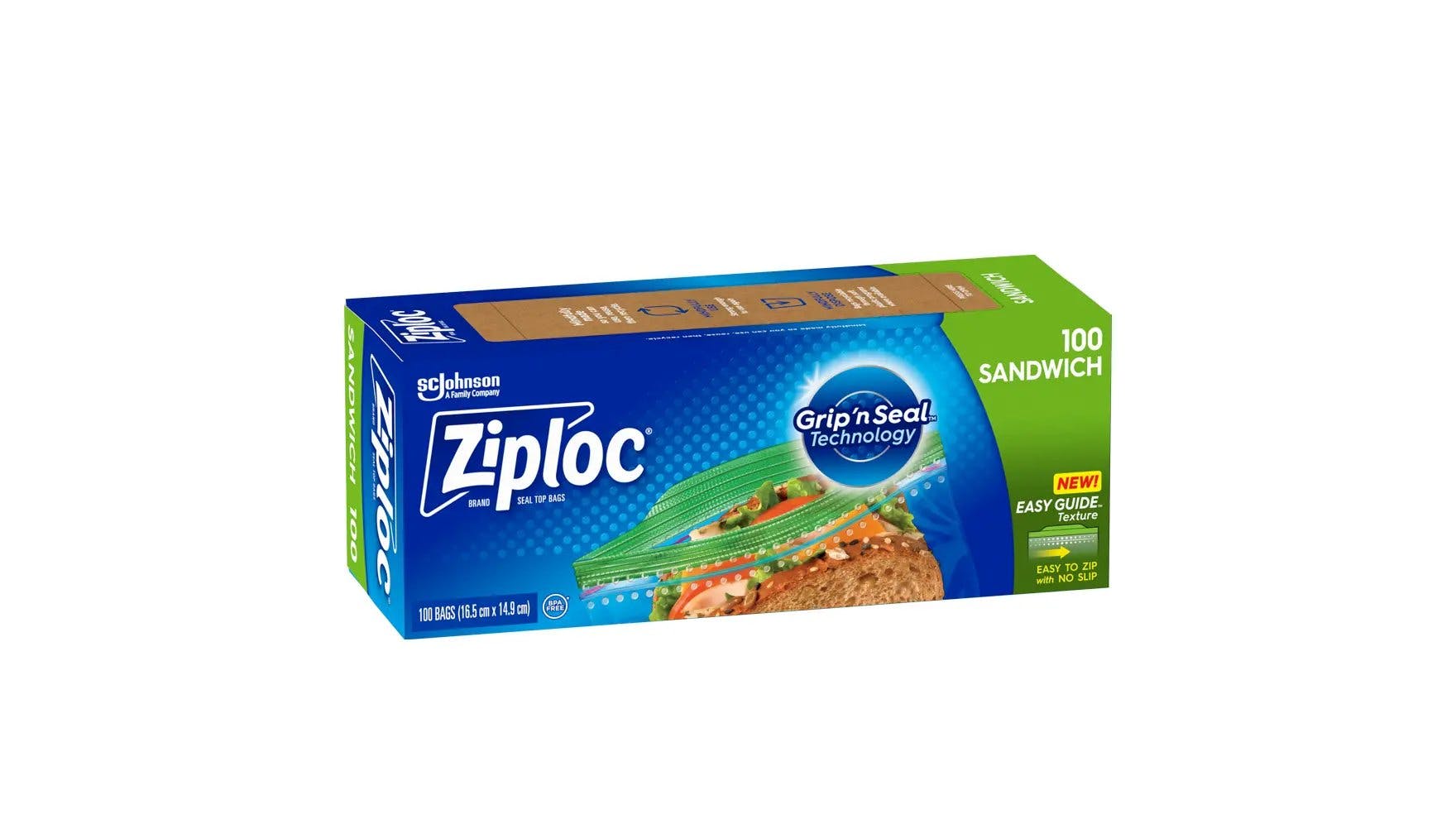 Angle of Ziploc sandwich bag box.