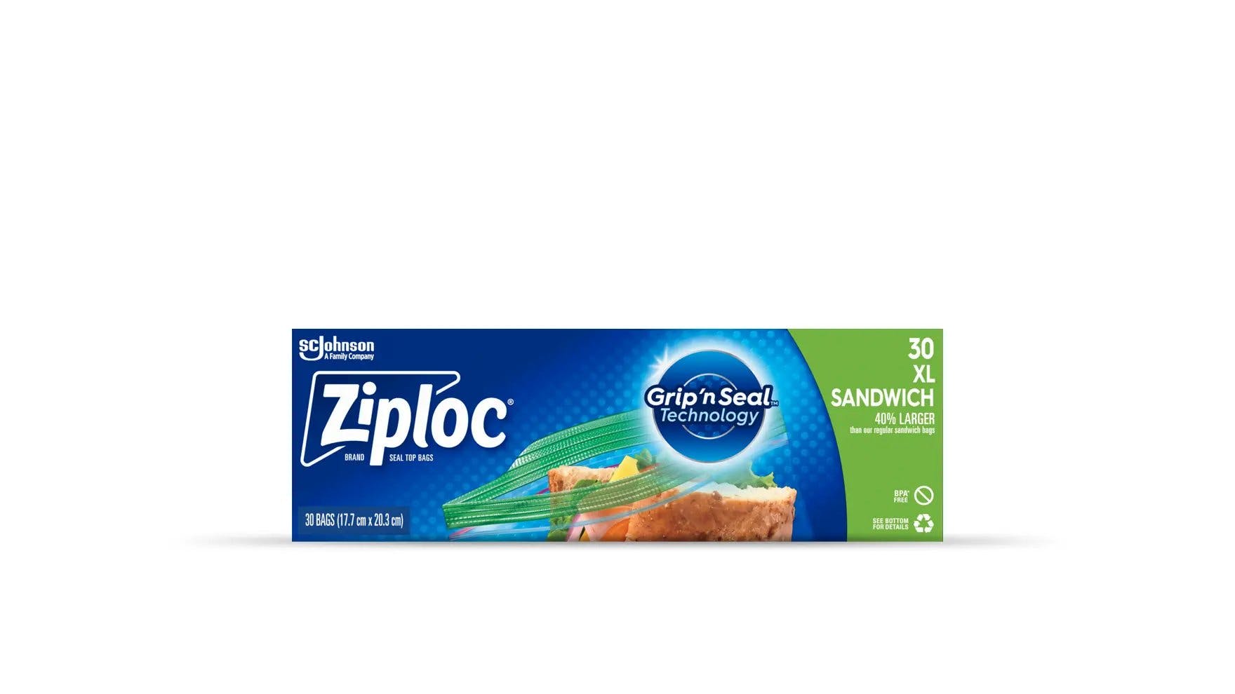 Front of Ziploc XL sandwich bag box.