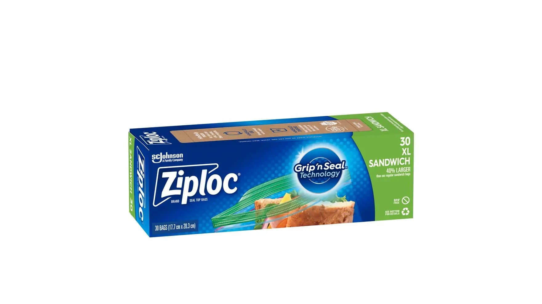 Angle of Ziploc XL sandwich bag box.