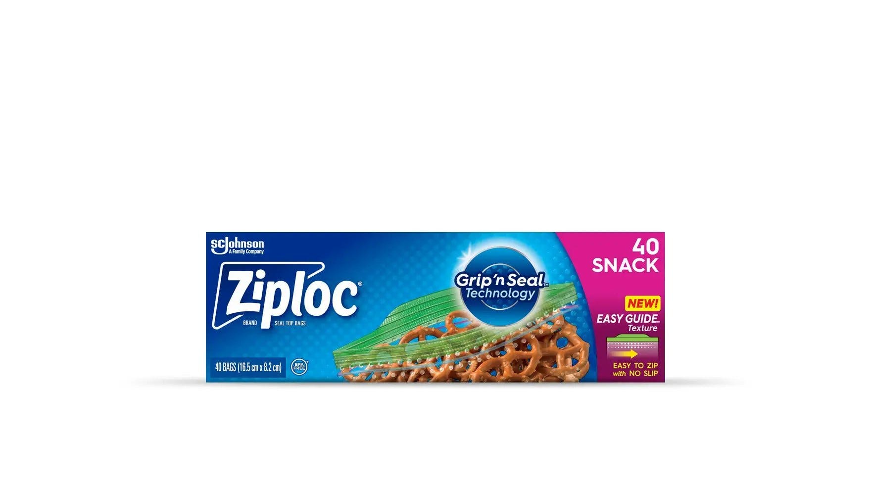 Front of Ziploc snack bags box.