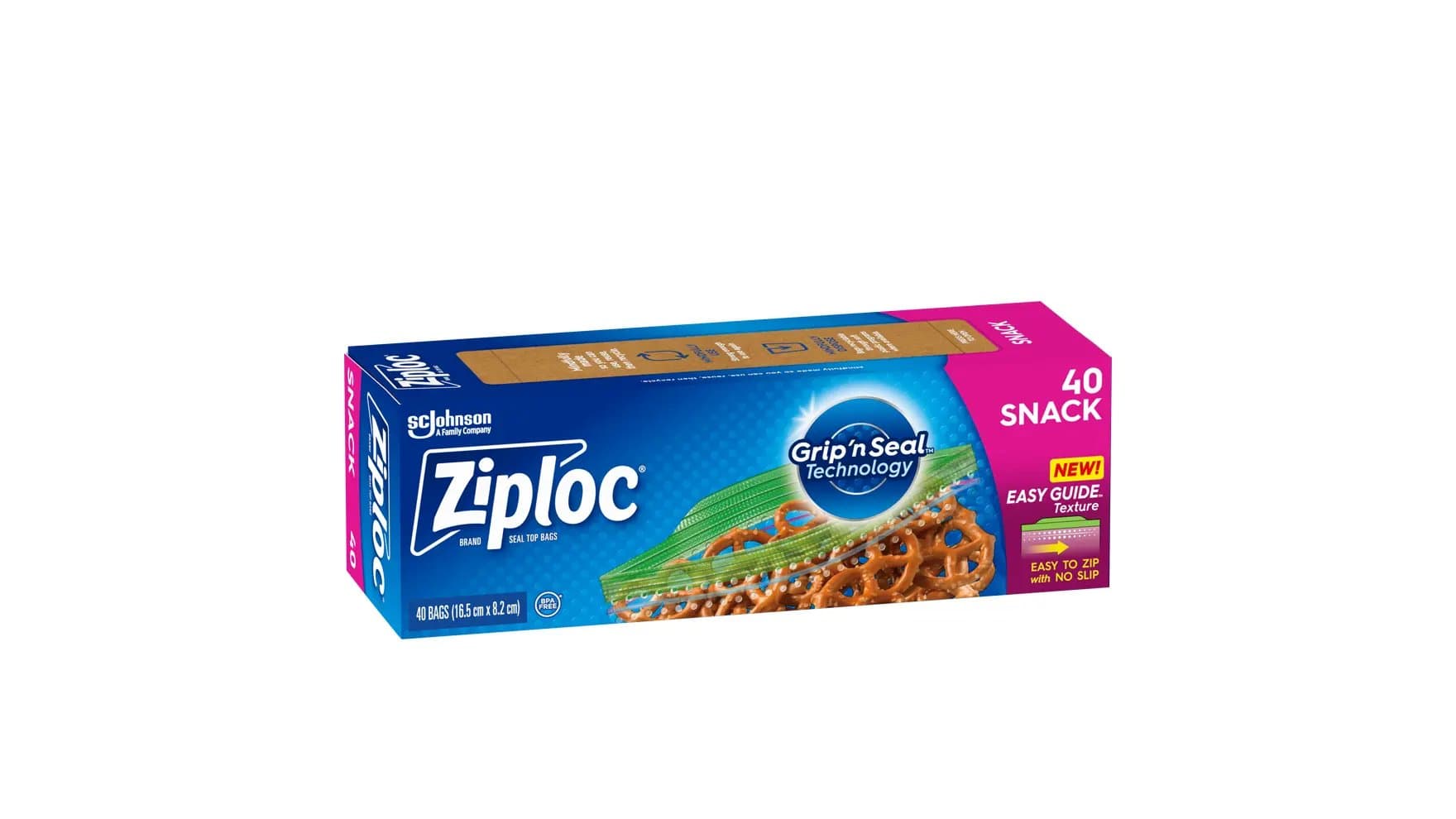 Angle of Ziploc snack bags box.