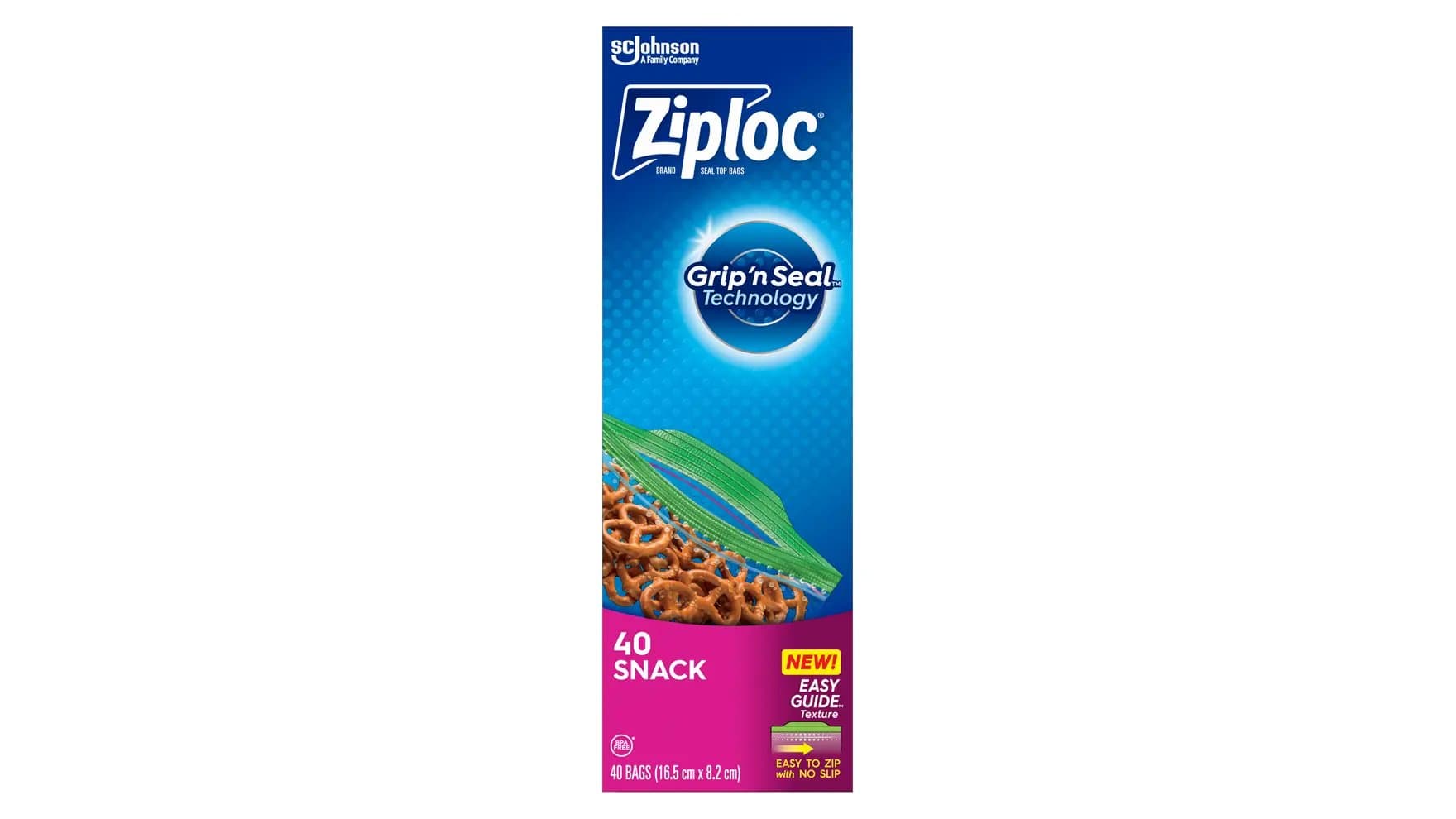 Top of Ziploc snack bags box.