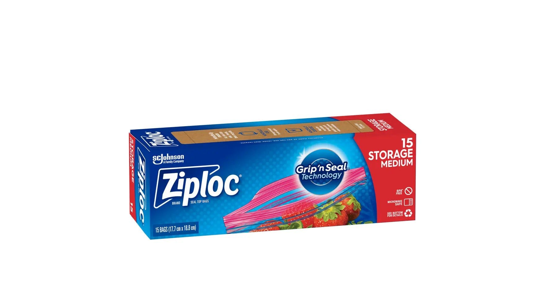 Angle of Ziploc medium storage bags box.